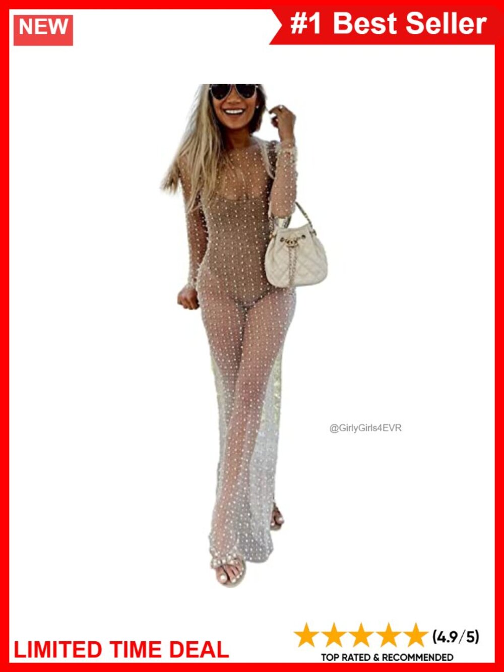 Pearl Rhinestone Mesh Maxi Cover Up Sheer Beach Dress